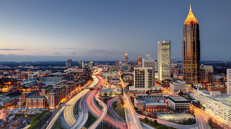 aerial view of midtown Atlanta skyline at dusk