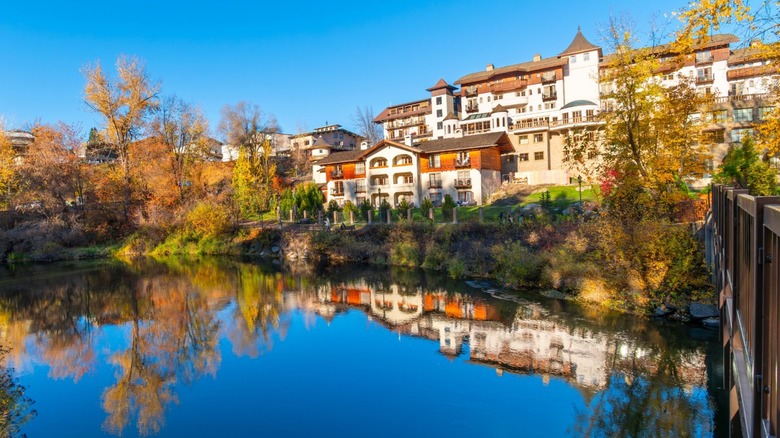 Bavarian-style buildings overlooking a lake in Leavenworth, Washington