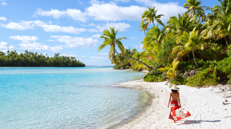 Traveler walking along sunny beach