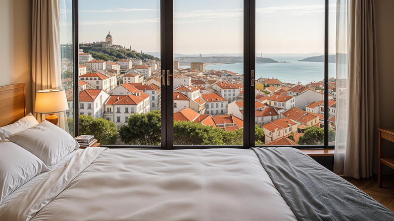 Bed in a hotel room overlooking Lisbon, Portugal