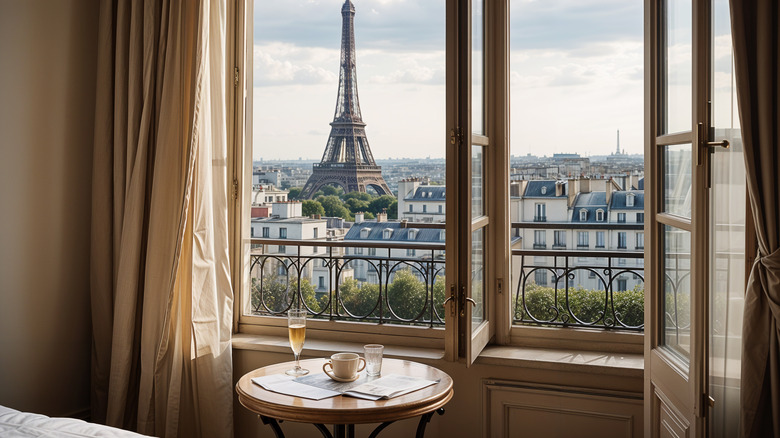 Hotel room overlooking Eiffel Tower in Paris