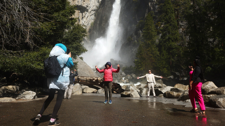 tourists at Lower Yosemite Falls