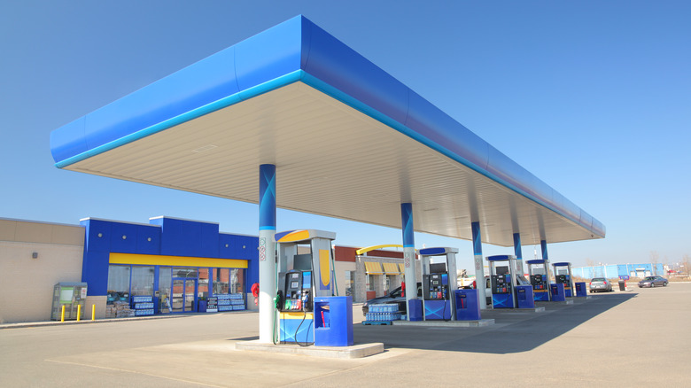 A blue gas station