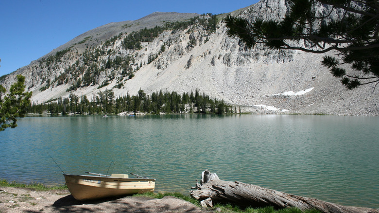 Meadow Lake in front of a rocky mountain