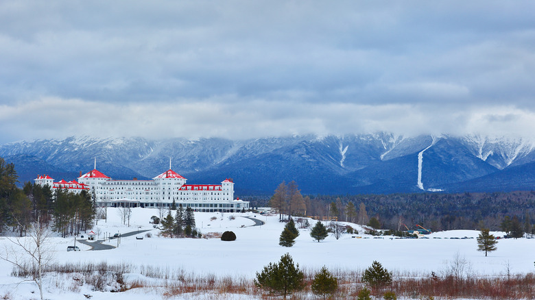 View of Bretton Woods Omni Hotel and Resort with White Mountains in background