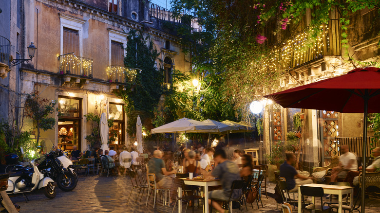 Busy Italian restaurant at dusk