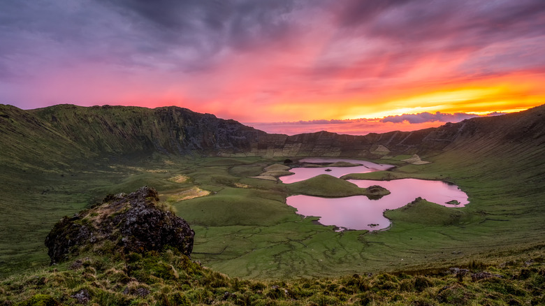 volcanic caldera at sunset