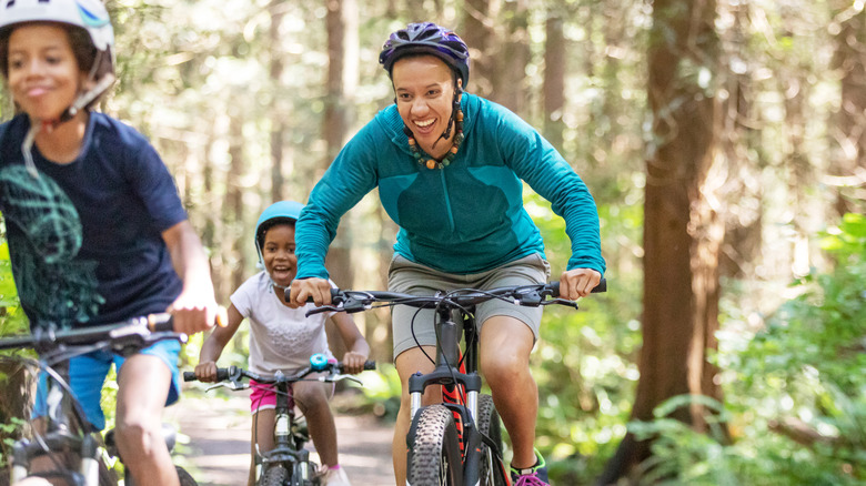 A woman and her kids on a bike adventure