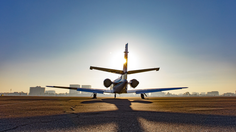 Rearview of plane on tarmac