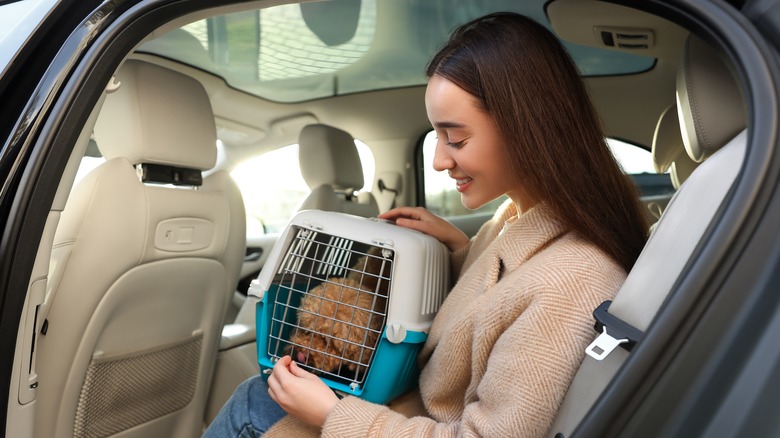 Passenger with dog in carrier