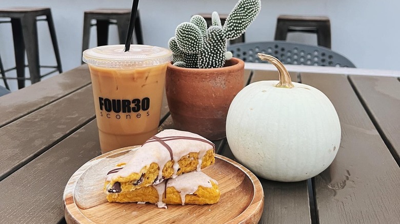 Scones, a pumpkin, and a drink