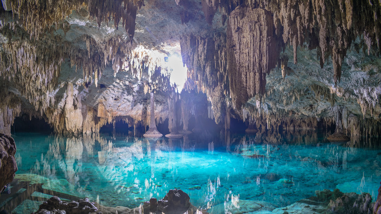 Water and stalactites at Sac Actun