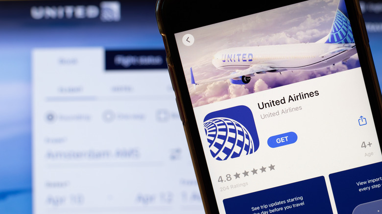 United Airlines app on phone