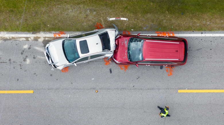 Aerial shot of two cars totaled in an accident