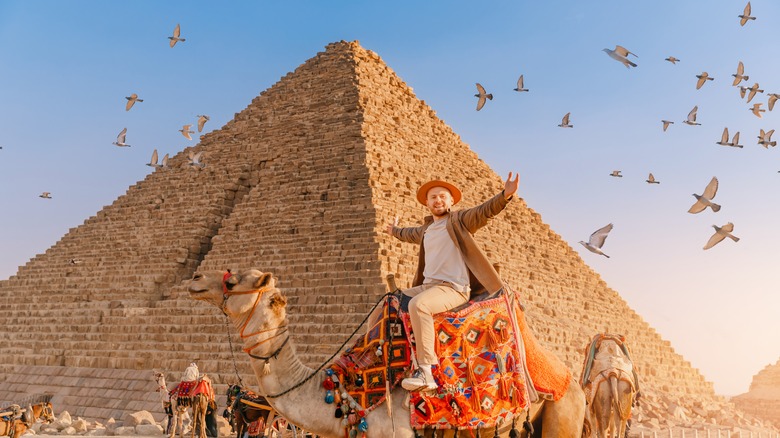 Tourist on camel in front of pyramid 