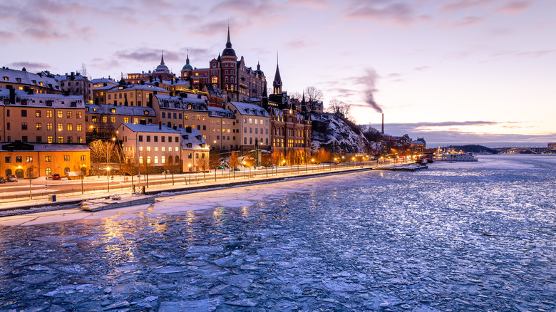 Stockholm with icy water in foreground