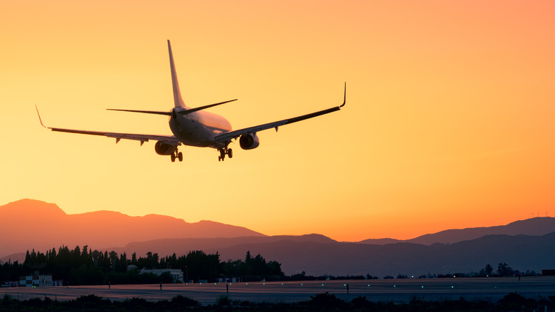 airplane taking off at sunset