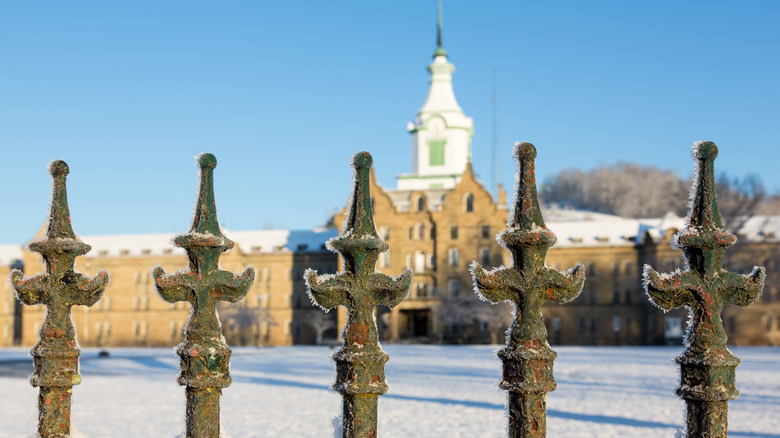 Cast iron railings in the snow outside the Trans-Allegheny Lunatic Asylum