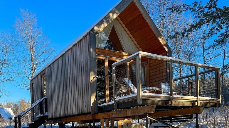 A-frame cabin in winter