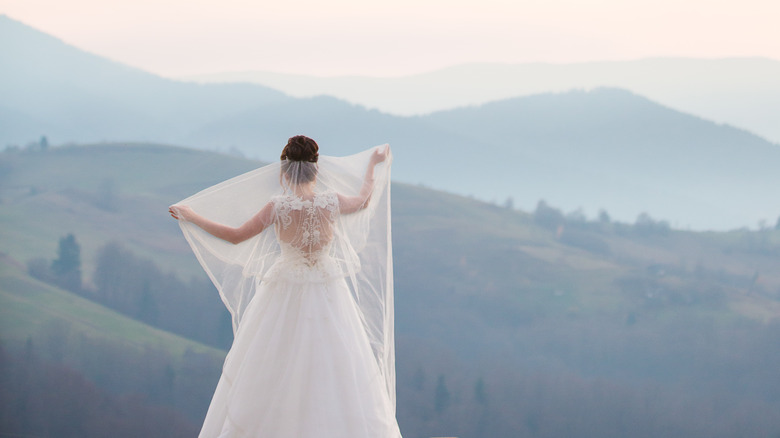 bride overlooking blue ridge mountains