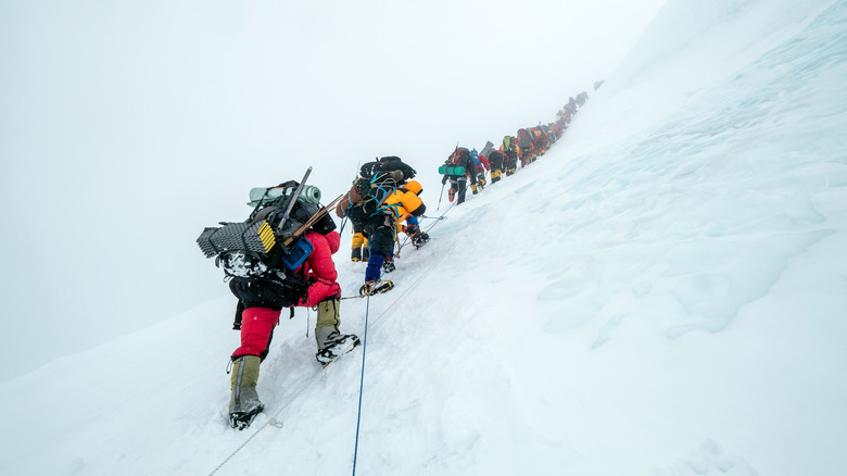 Mountain climbers in a blizzard