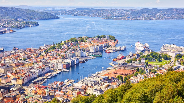 An aerial view of the city of Bergen and harbor.