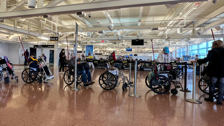 Wheelchairs in line for plane