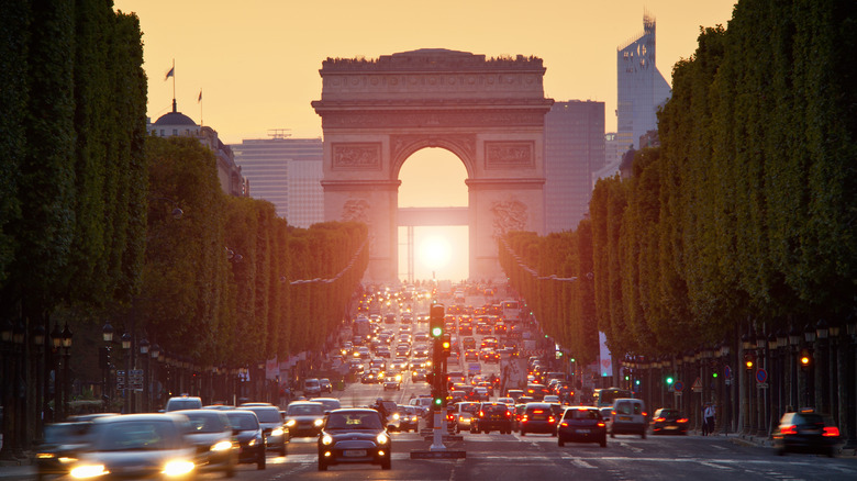 Traffic clogs a major road leading to the Arc de Triomphe in Paris