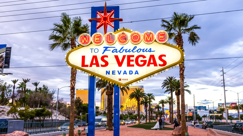 Las Vegas sign, palm trees, buildings