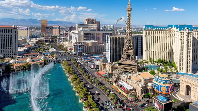 High view of Las Vegas buildings, fountains