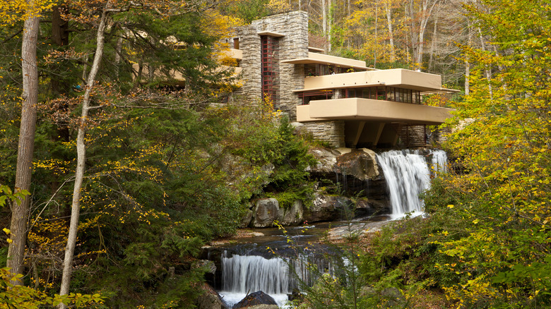 The Fallingwater house museum is surrounded by trees in Pennsylvania