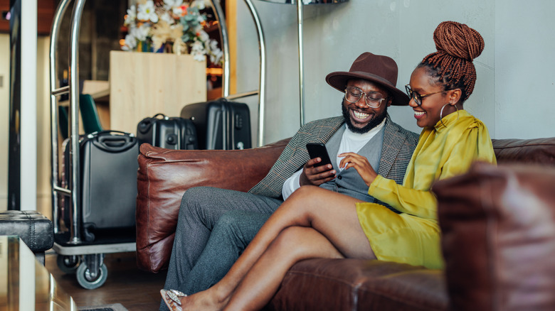 couple in hotel lobby