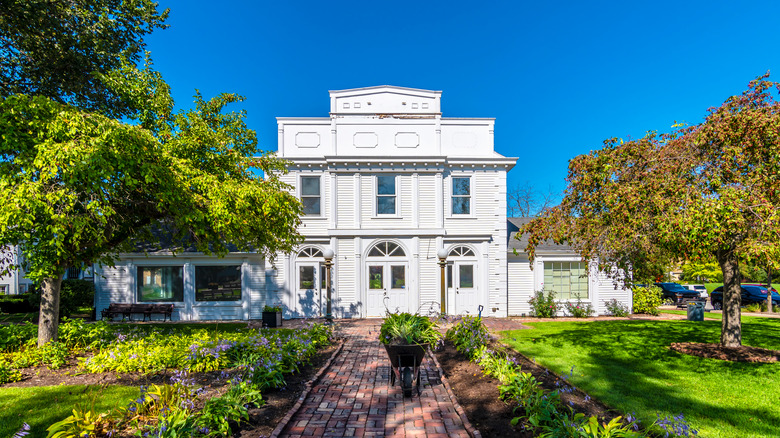 white building with garden