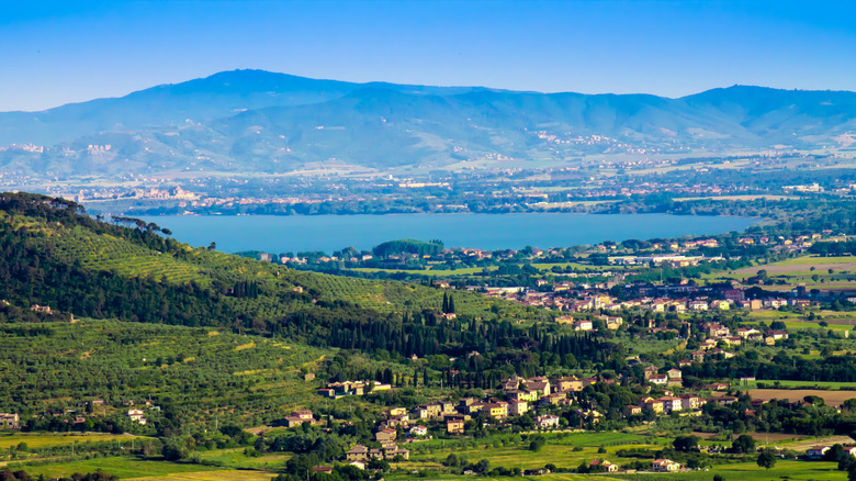 View of Tuscany greenery surrounding Lake Trasimeno