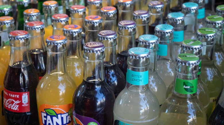 Close-up of soda bottles