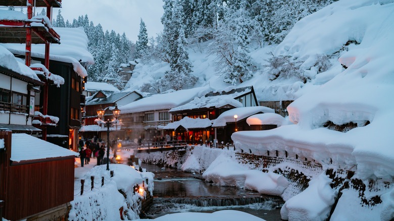 Ginzan Onsen covered in snow during peak winter season