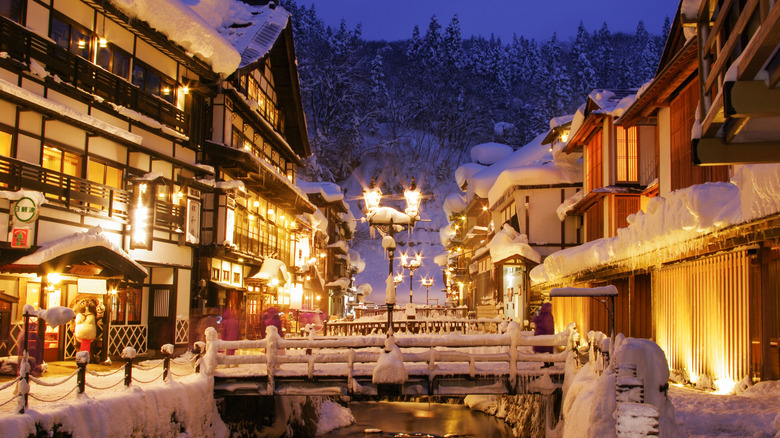 picturesque Ginzan Onsen during winter at night