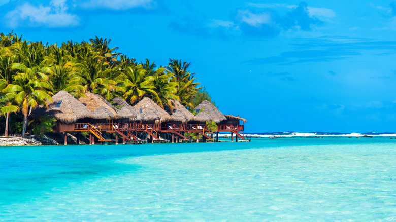 thatched roof huts on water