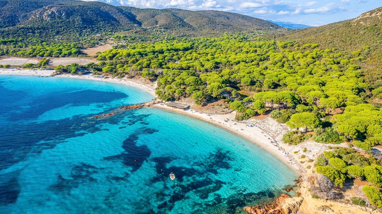 Aerial view with Palombaggia Beach in Corsica island, France