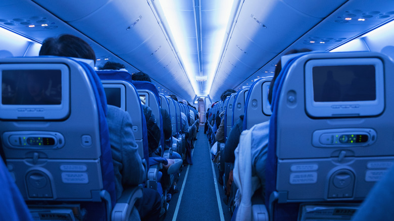 The inside of a plane at night appears blue with the dim lighting.