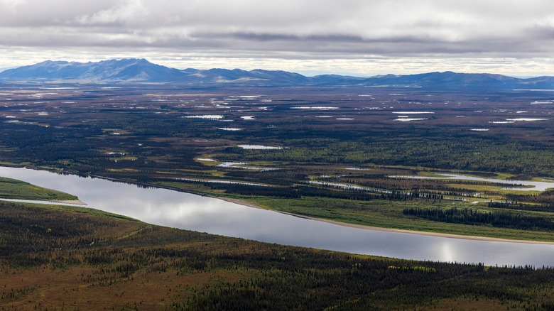 aerial view of river and mountains