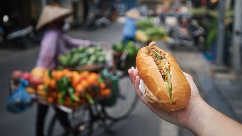 Hand holding up bahn mi sandwich