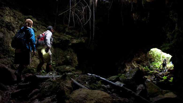 Four cavers in a tropical cave