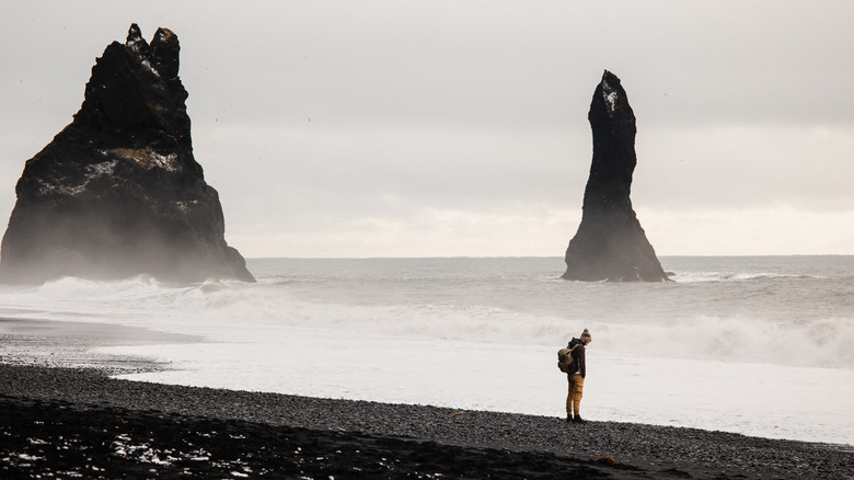 Man at Reynisfjara Black Sand Beach