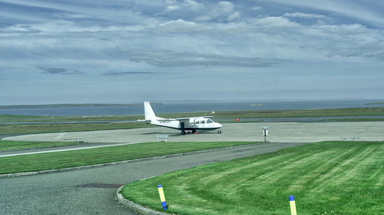 Loganair Islander plane in Orkney
