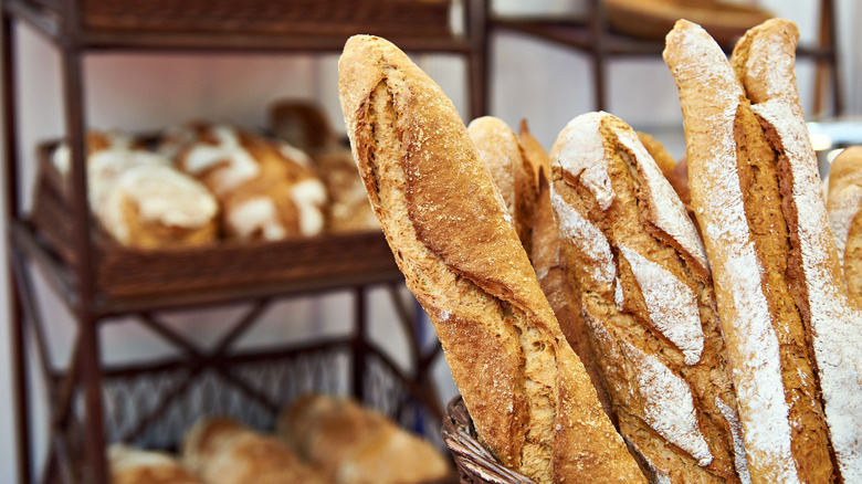 Display of baguettes in a French bakery