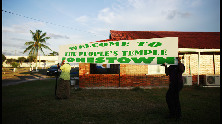 A sign greets visitors at the Jonestown site