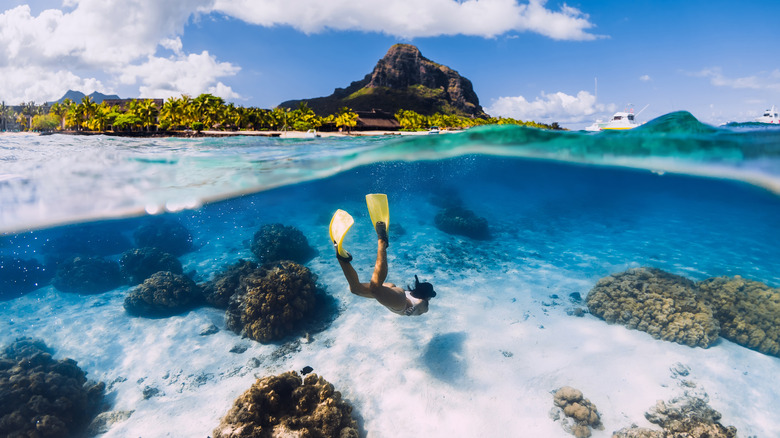 Woman snorkeling by coral reef