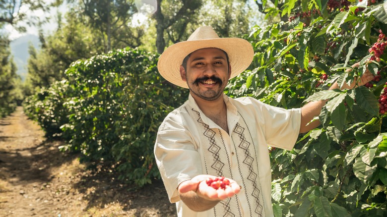 farmer smiling holding coffee beans