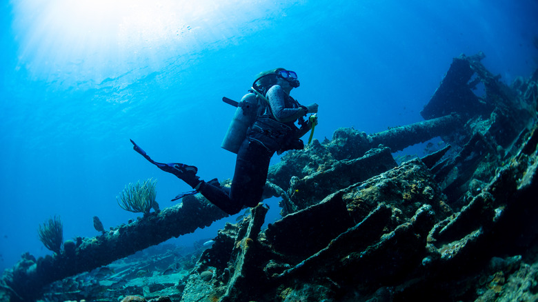 British Virgin Islands diver at a shipwreck 